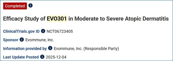 지난 4일 에보뮨이 진행중인 EVO301 2a상 임상시험이 '완료'로 표시됐다. / 사진 = Clinicaltrials.gov 